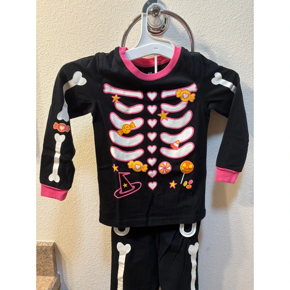 Skeleton Halloween Pajama Set Black Pink Candy Bones 3Y 2 Piece PJ Set